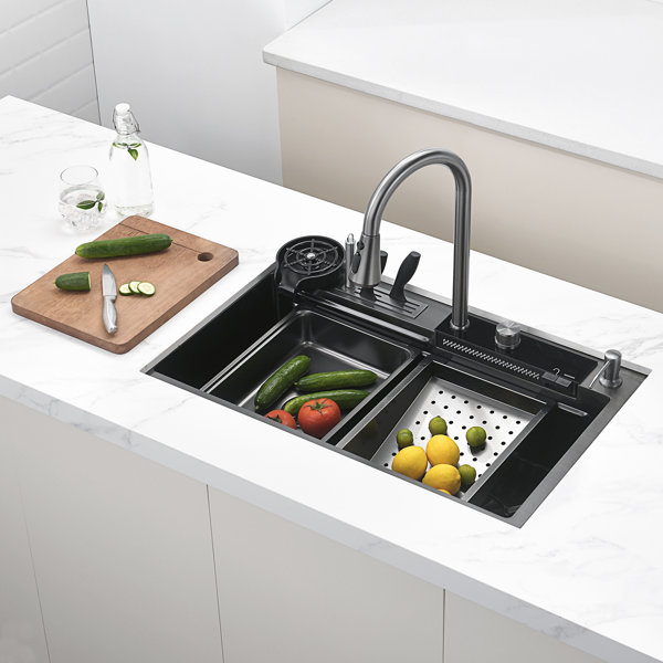Waterfall Kitchen Sink Gold 304 Stainless Steel Waterfall Pull